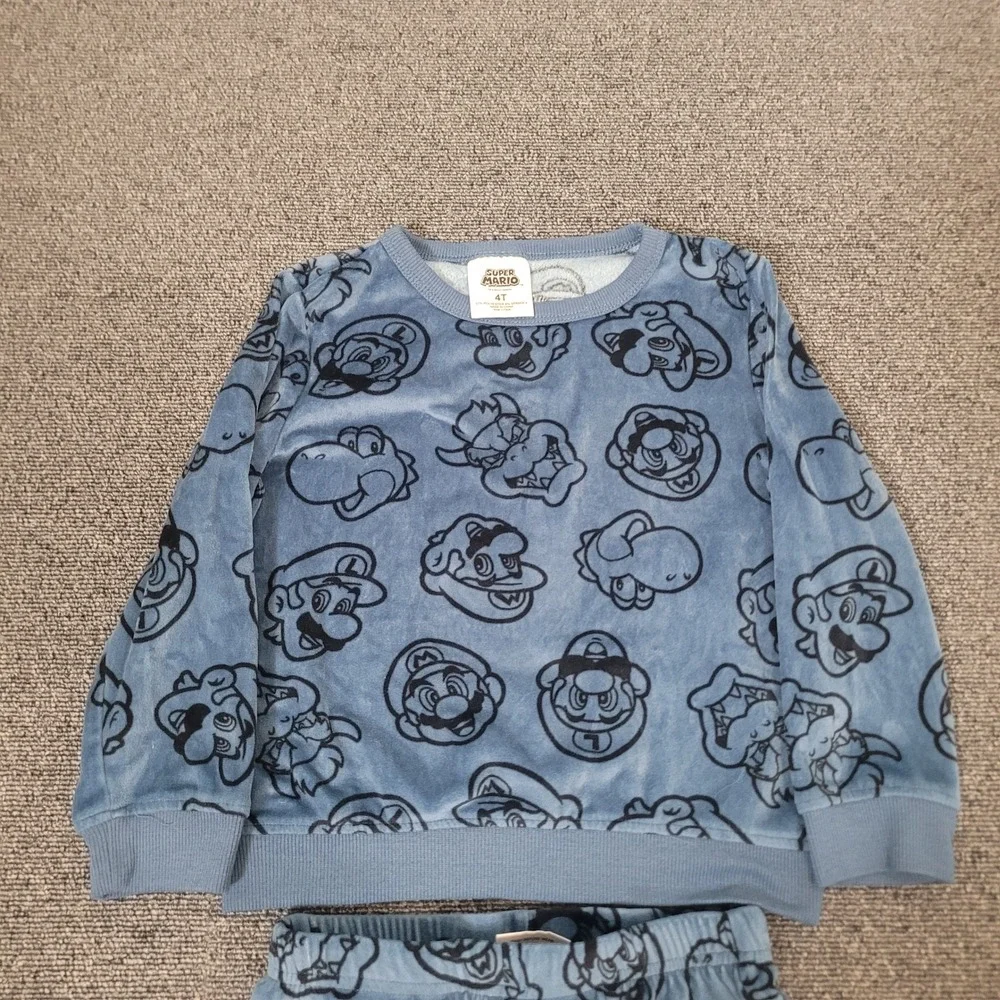 Super Mario Size 4T Pajama Set Toddler Boys Blue Velour Nintendo Character Print